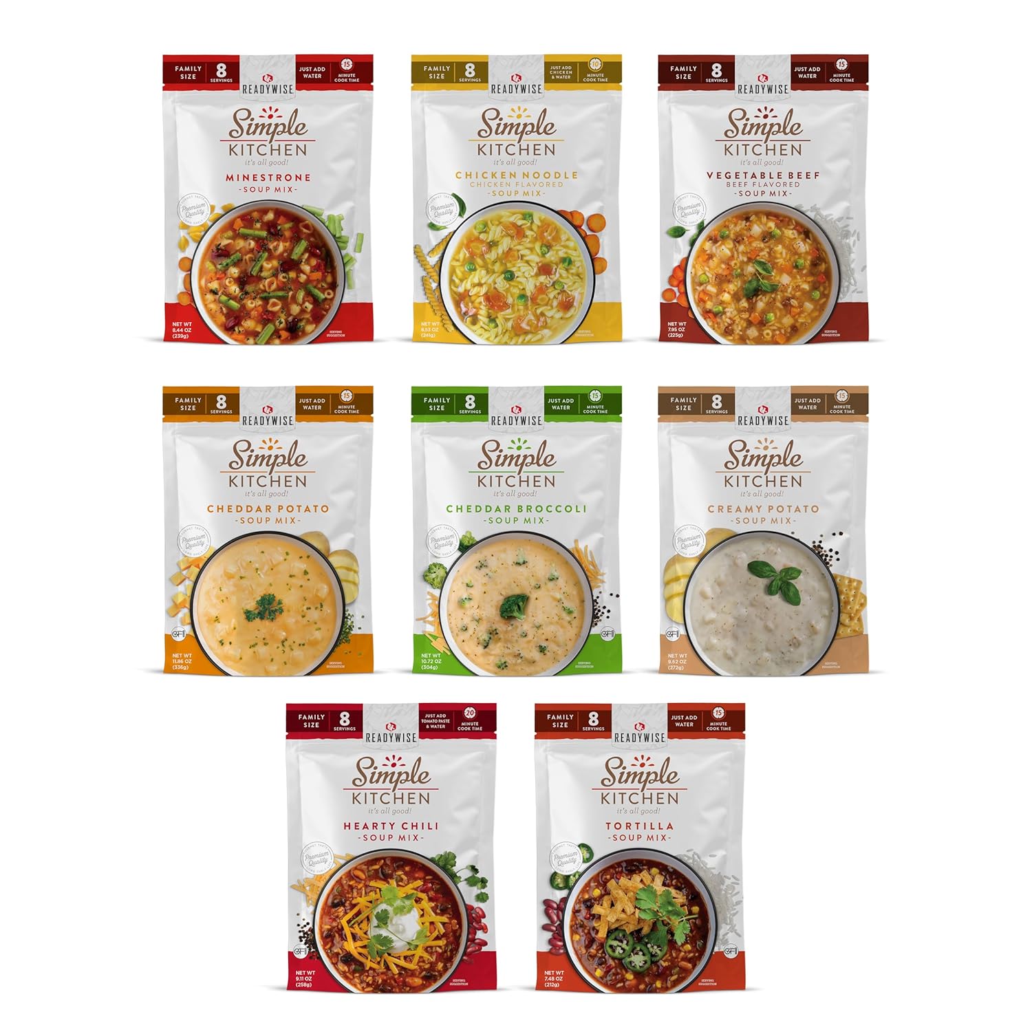 Variety pack of dry soup mixes arranged in packaging, designed for easy preparation and cozy winter meals.