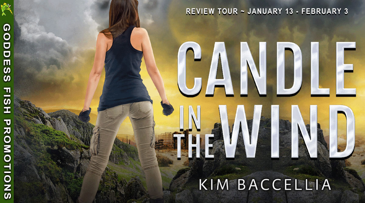 Wide promotional banner for the Candle in the Wind review tour by Kim Baccellia. Displays the full book cover artwork with 