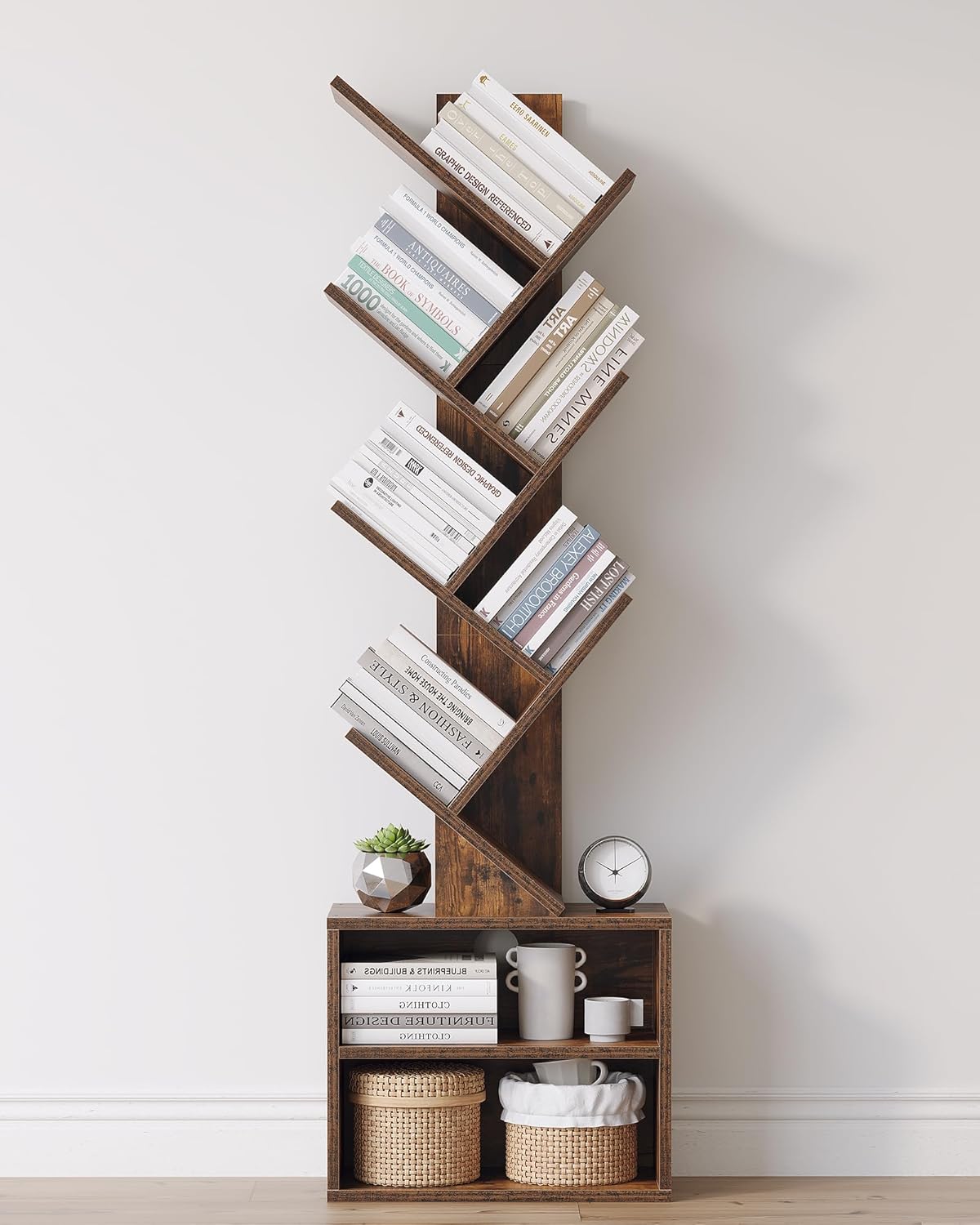 Tree-style bookshelf organizer designed to store books vertically in a compact footprint.