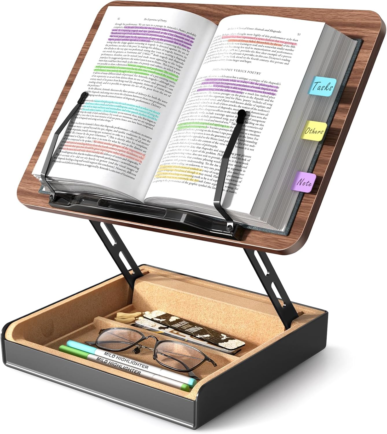 Adjustable wooden book stand holding an open book, with built-in storage drawer for reading glasses, pens, and notes.