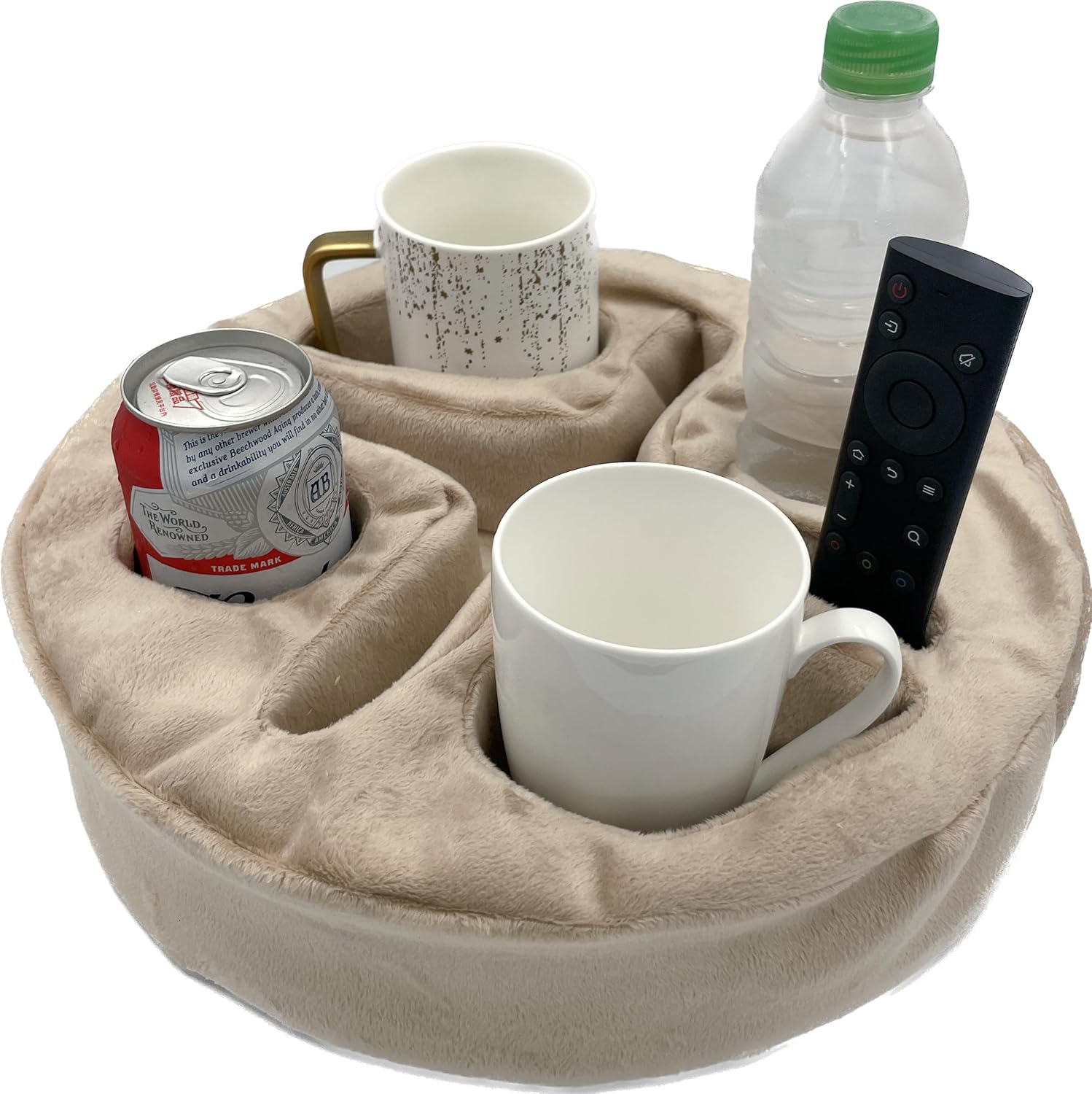 Fabric sofa and bed organizer caddy with pockets for drinks, remotes, phone, and small essentials.