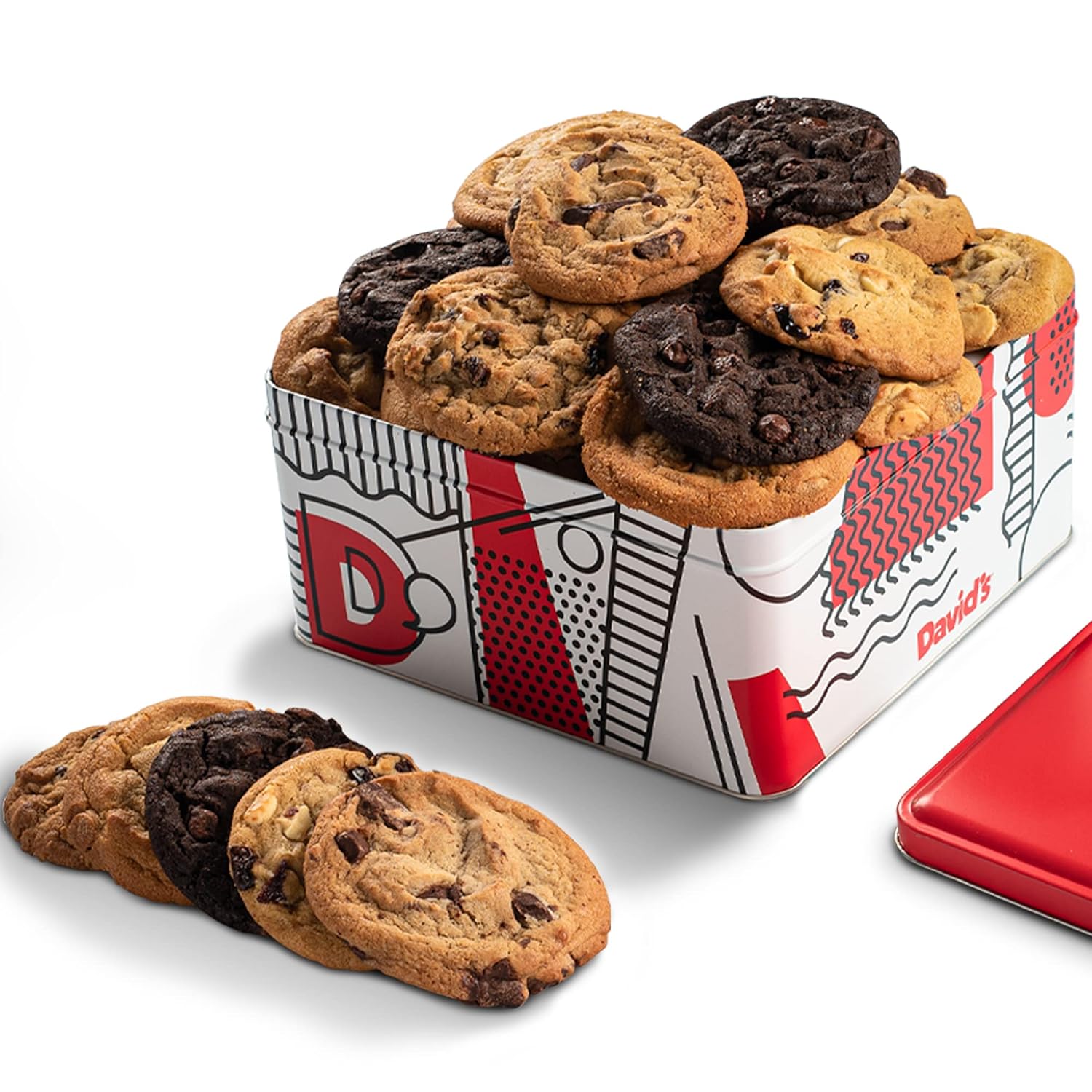Assorted gourmet cookies in a decorative tin, featuring a mix of chocolate chip, oatmeal, and double chocolate cookies for cozy snack breaks.