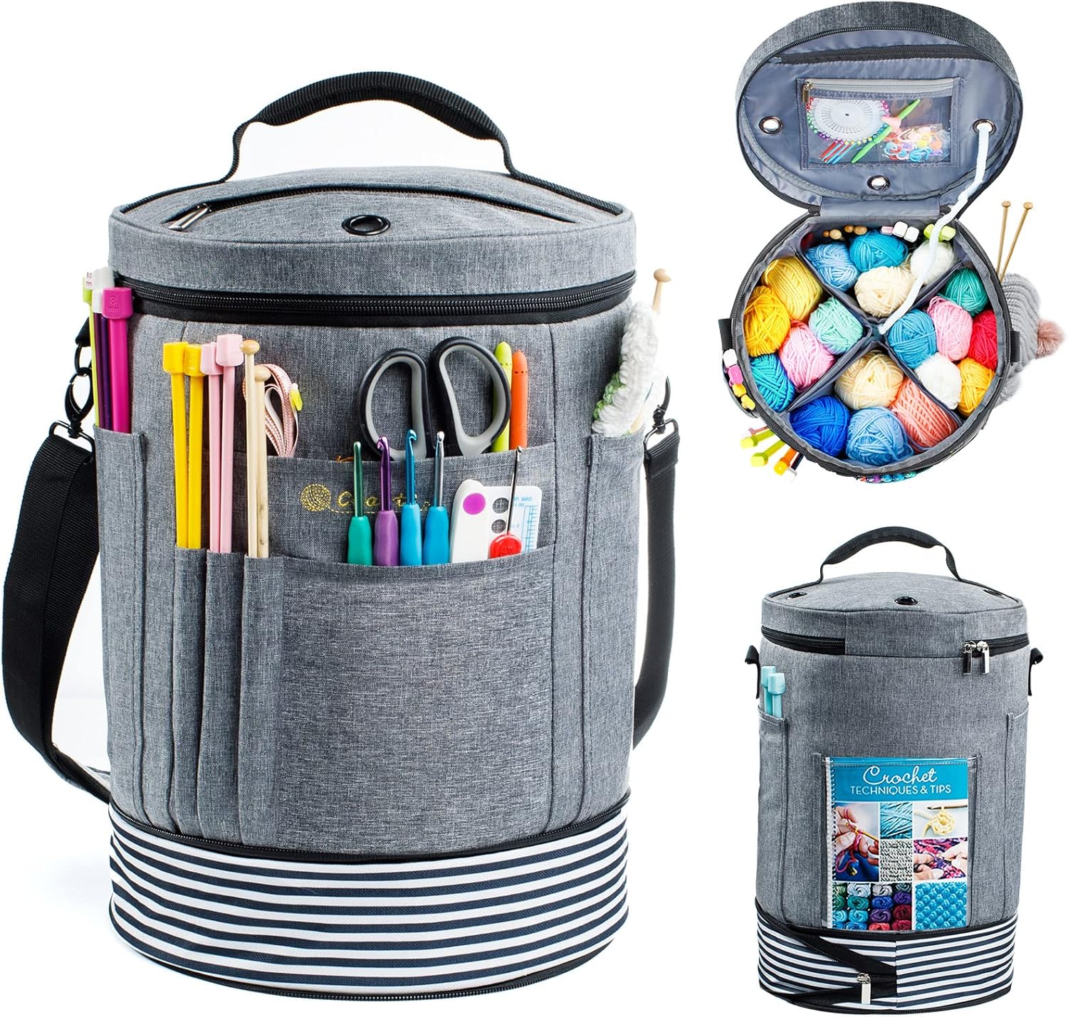 Expandable yarn and craft tote organizer with multiple pockets and compartments designed to store yarn, tools, and in-progress projects.