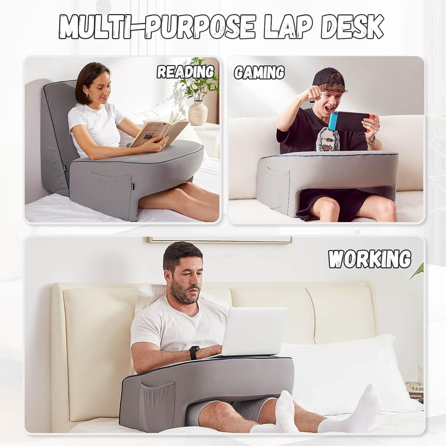 Extra-large cushioned lap desk used for reading, crafting, and working comfortably while seated on a couch or bed.