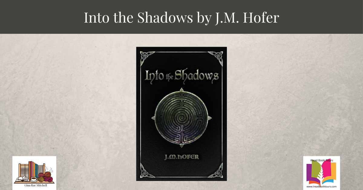 Wide blog banner for the review of Into the Shadows by J.M. Hofer. Displays the dark, black-toned book cover centered on a parchment-textured background with a charcoal gray title bar reading Into the Shadows by J.M. Hofer, and Gina Rae Mitchell and iRead Book Tours logos in the lower corners.
