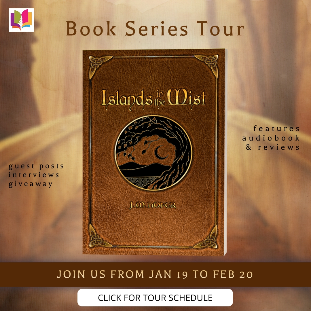 iRead Book Tours series banner for Across the Sea (Book 2) by J.M. Hofer. Features the book cover centered on a warm-toned background with text announcing a book series tour, guest posts, interviews, giveaways, audiobook features, and tour dates from January 19 to February 20, with a button prompting viewers to click for the tour schedule.