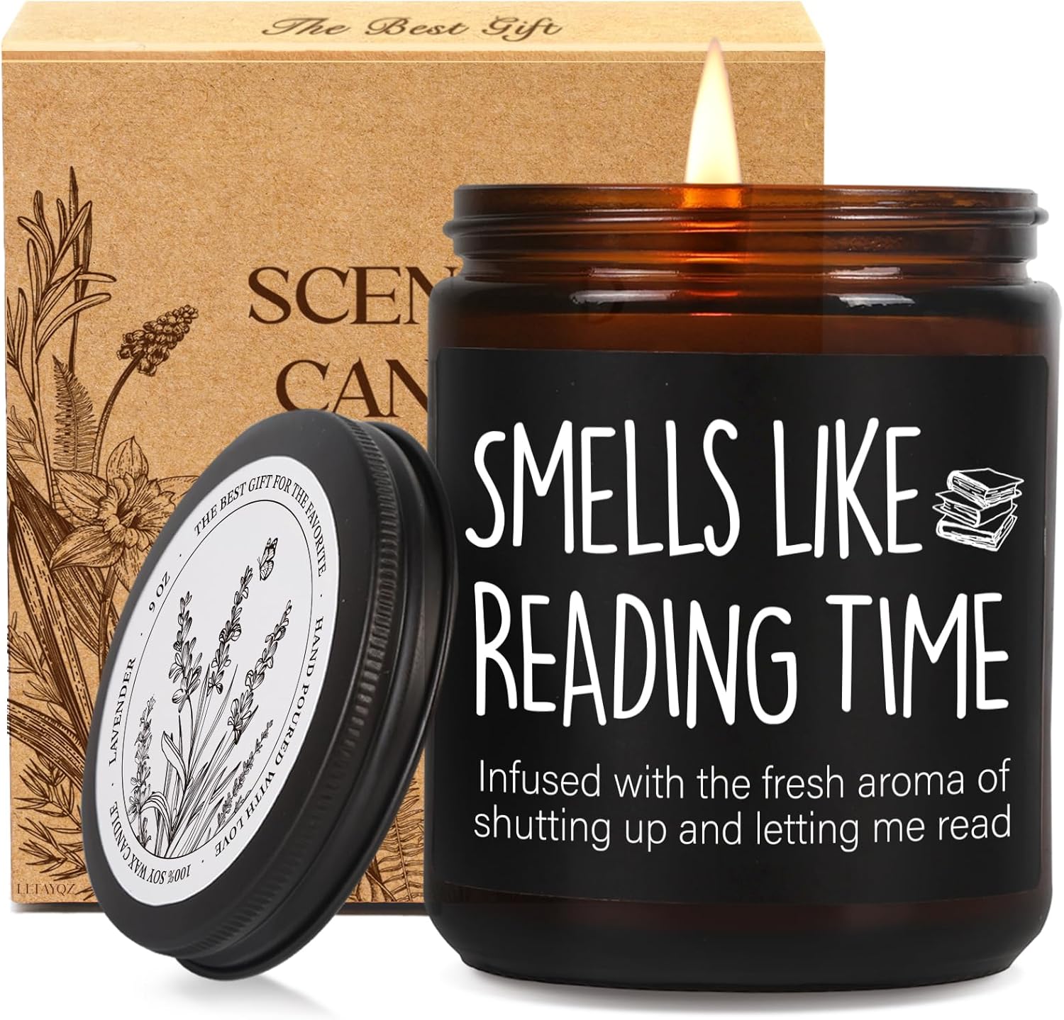 Review + Guest Post: A Quiet Kind of Wrong by Mary Frances HillA Quiet Kind of Wrong by Mary Frances Hill 4 Amber glass candle labeled "Smells Like Reading Time" with a humorous subtext about being left alone to read, shown lit beside its lid and gift box.