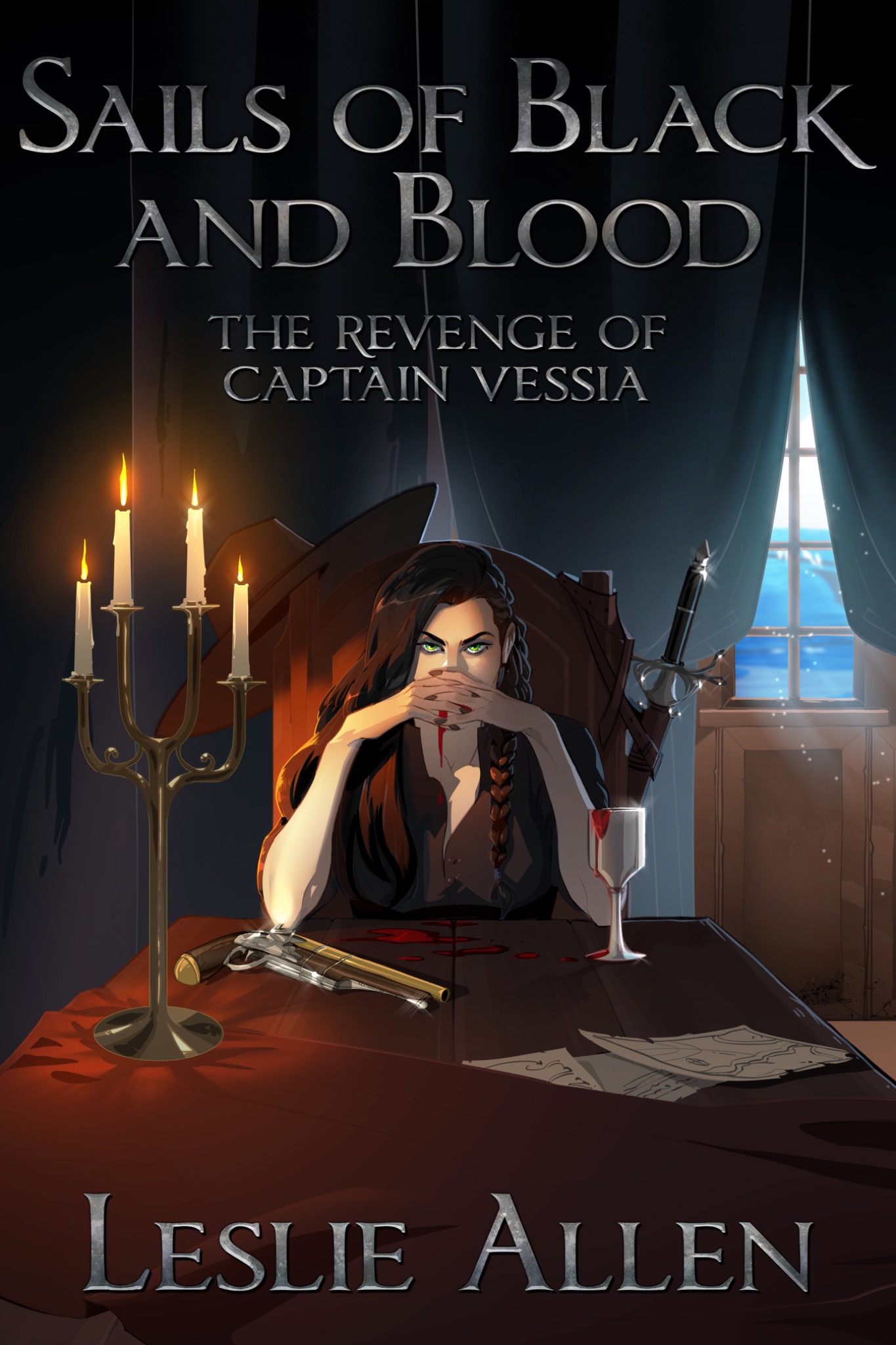 Book cover of Sails of Black and Blood: The Revenge of Captain Vessia by Leslie Allen, depicting a dark fantasy scene with a woman seated at a table, candlelight, weapons, and a gothic maritime atmosphere.