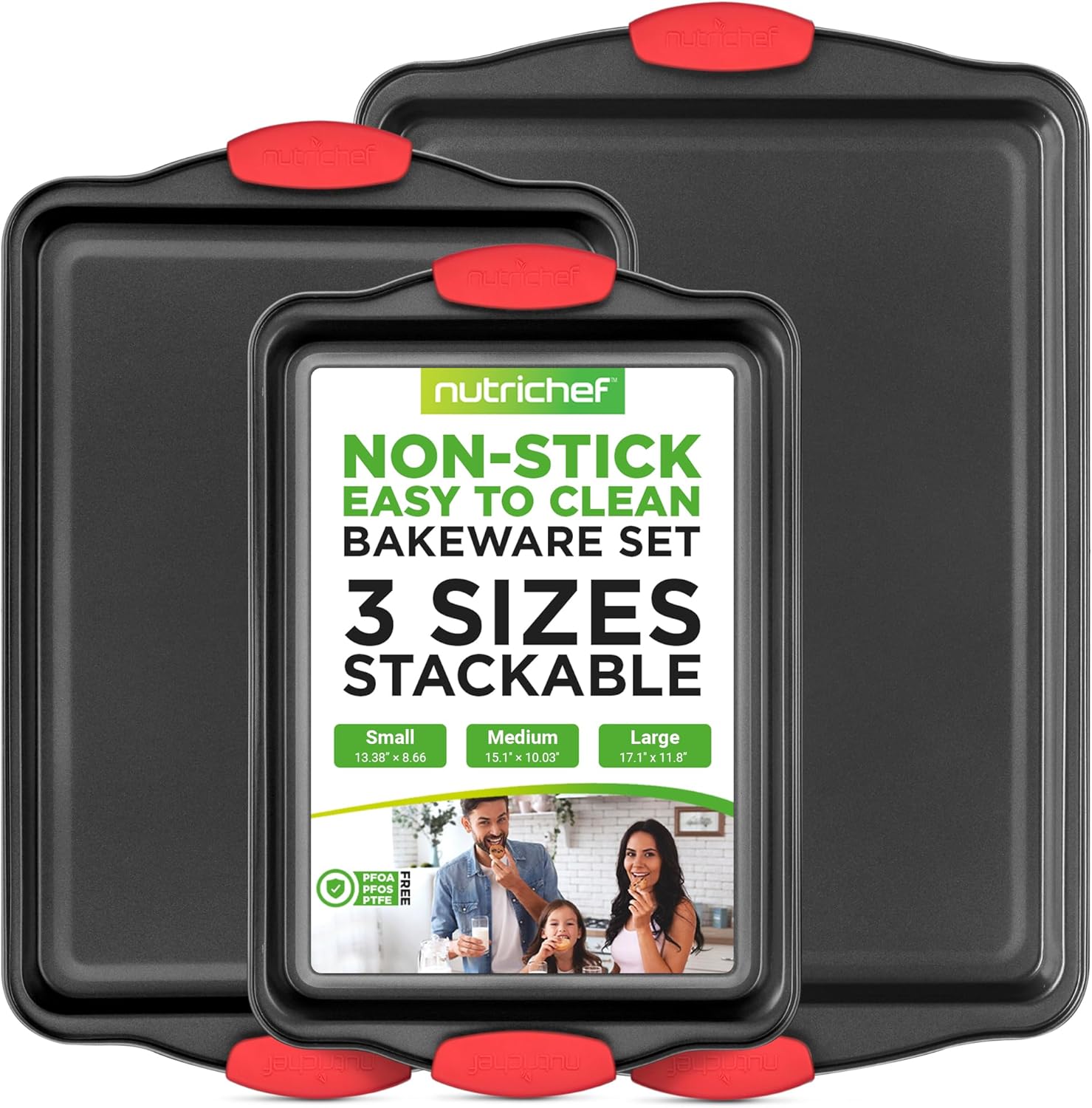 Three nonstick sheet pans in different sizes stacked together.