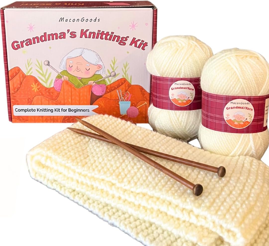 Friday Finds – February 20, 2026 | Great Reads, Creative Tips & Reader Extras 8 Grandma's Knitting Kit for Beginners by MaconGoods showing yarn skeins, bamboo knitting needles, a knitted sample piece, and the illustrated kit box designed for relaxing beginner knitting projects.