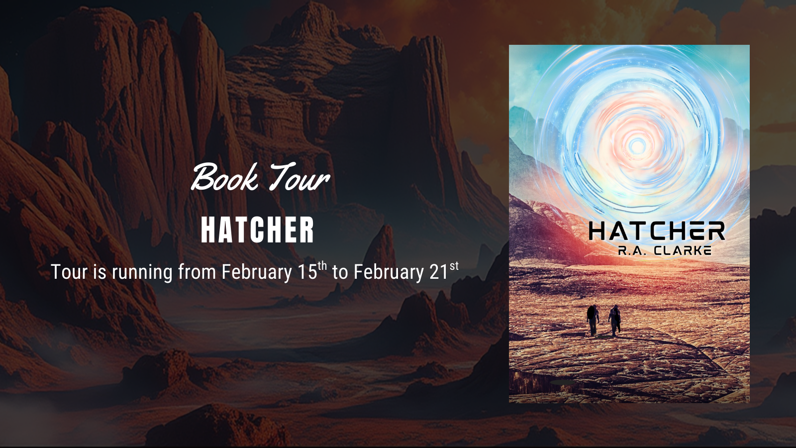 Tour banner for the Breakeven Books promotion of Hatcher by R.A. Clarke, showing tour dates and tour branding.