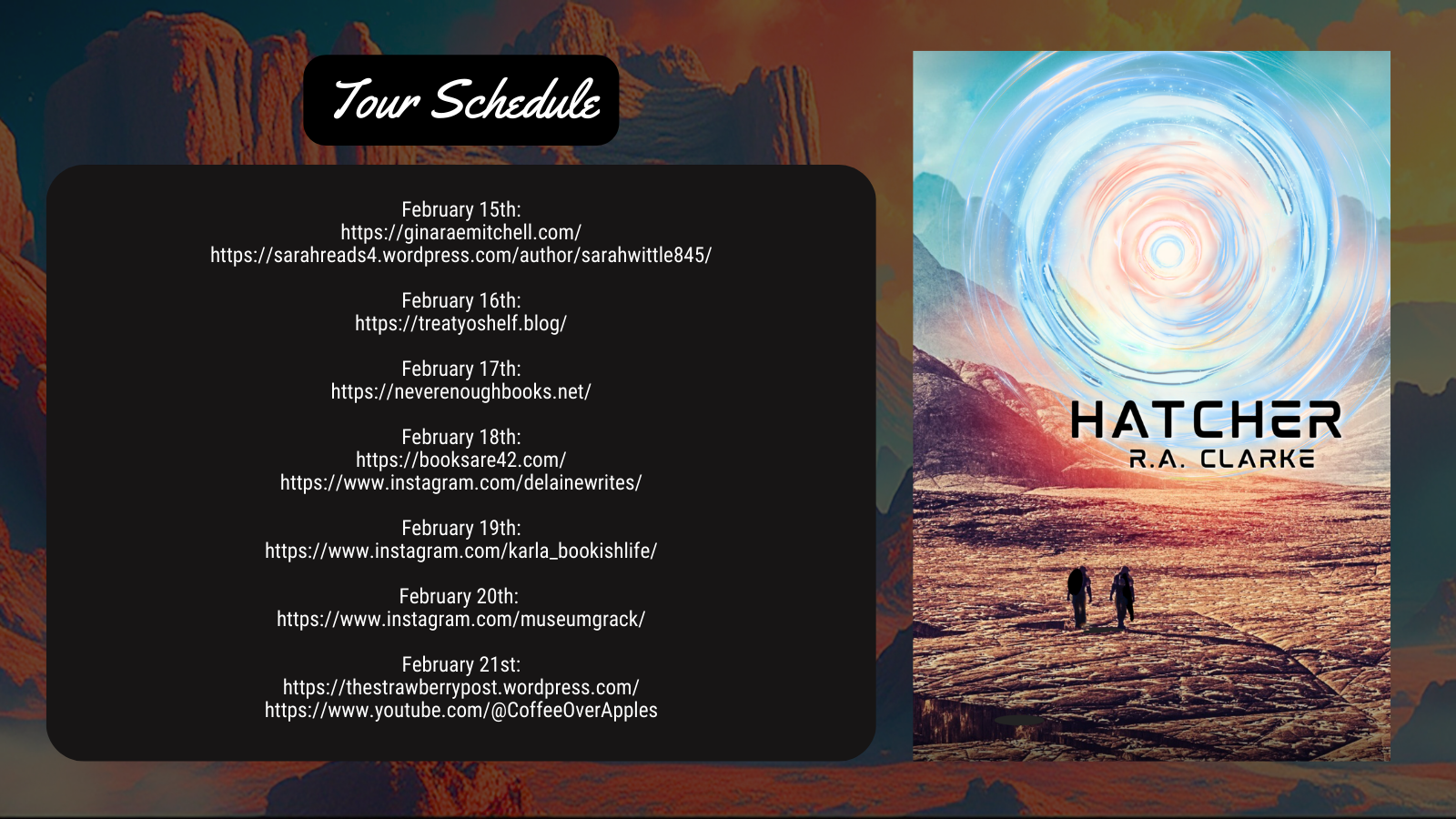 Tour banner for the Breakeven Books promotion of Hatcher by R.A. Clarke, showing tour dates and tour stops.