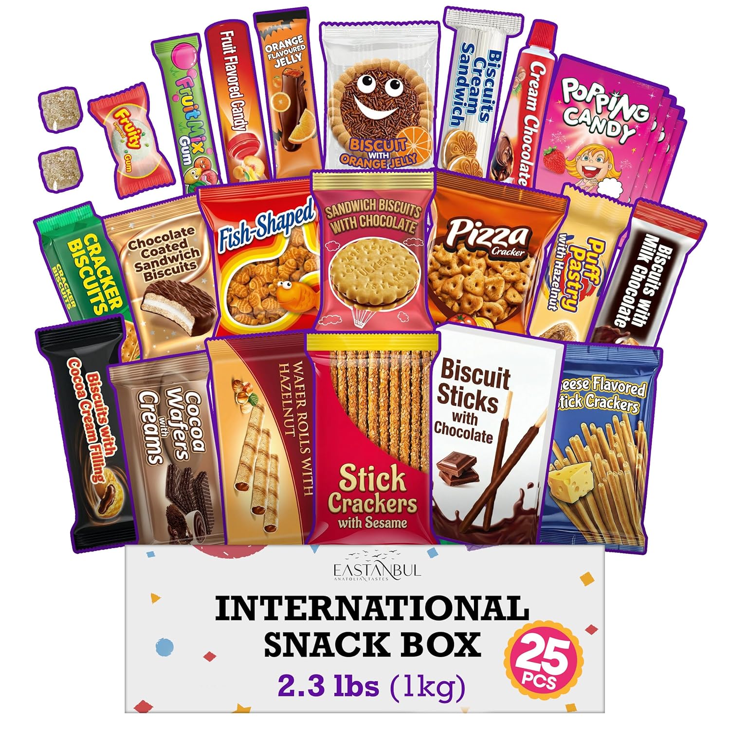 International snack box featuring a variety of treats from around the world in a 25-piece assortment.