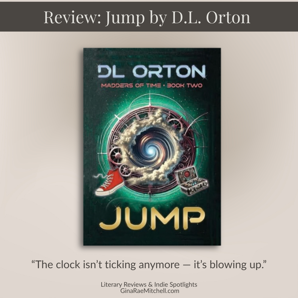 Friday Finds – February 20, 2026 | Great Reads, Creative Tips & Reader Extras 2 Square featured graphic for the review of Jump by D.L. Orton, with the book cover centered on a calm neutral background, a charcoal review title bar at the top, a science-fiction pull quote below the cover, and subtle Gina Rae Mitchell branding.