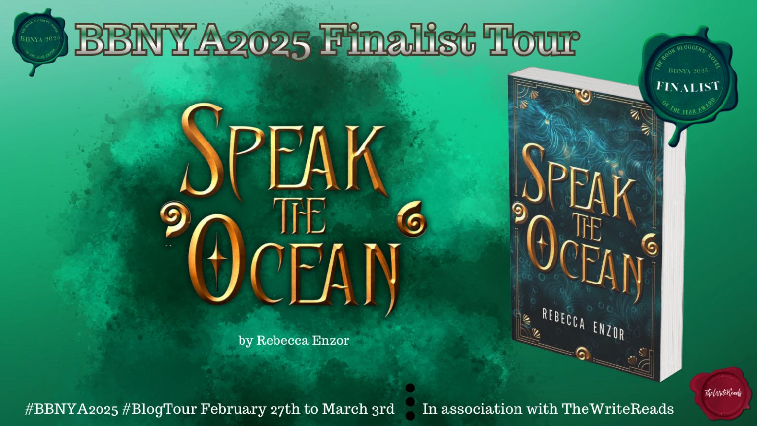 BBNYA 2025 Spotlight Tours banner for Speak the Ocean featuring a green and gold textured background with the BBNYA 2025 wax seal and text reading The Book Bloggers' Novel of the Year Award 2025 - Spotlight Tours - In association with The Write Reads.