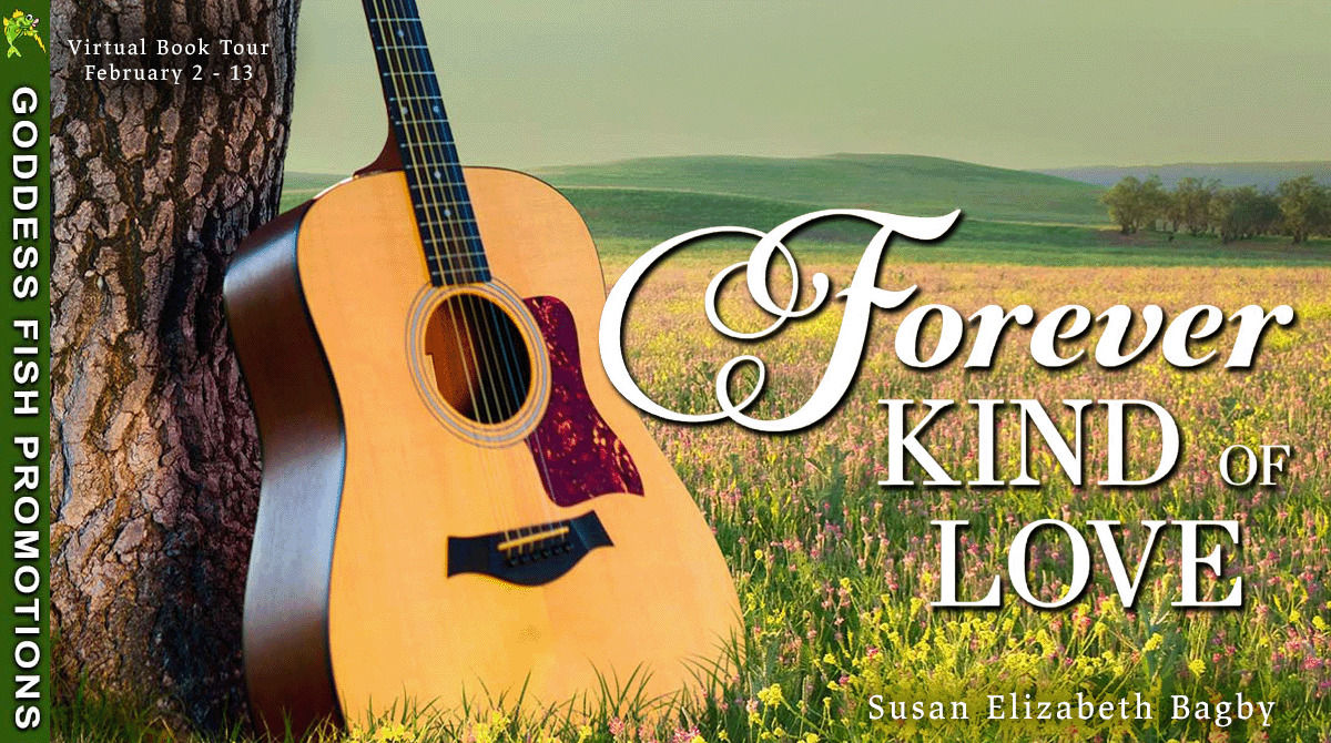 Goddess Fish Promotions virtual book tour banner for Forever Kind of Love by Susan Elizabeth Bagby, featuring an acoustic guitar leaning against a tree in a sunlit wildflower field with tour dates February 2-13.