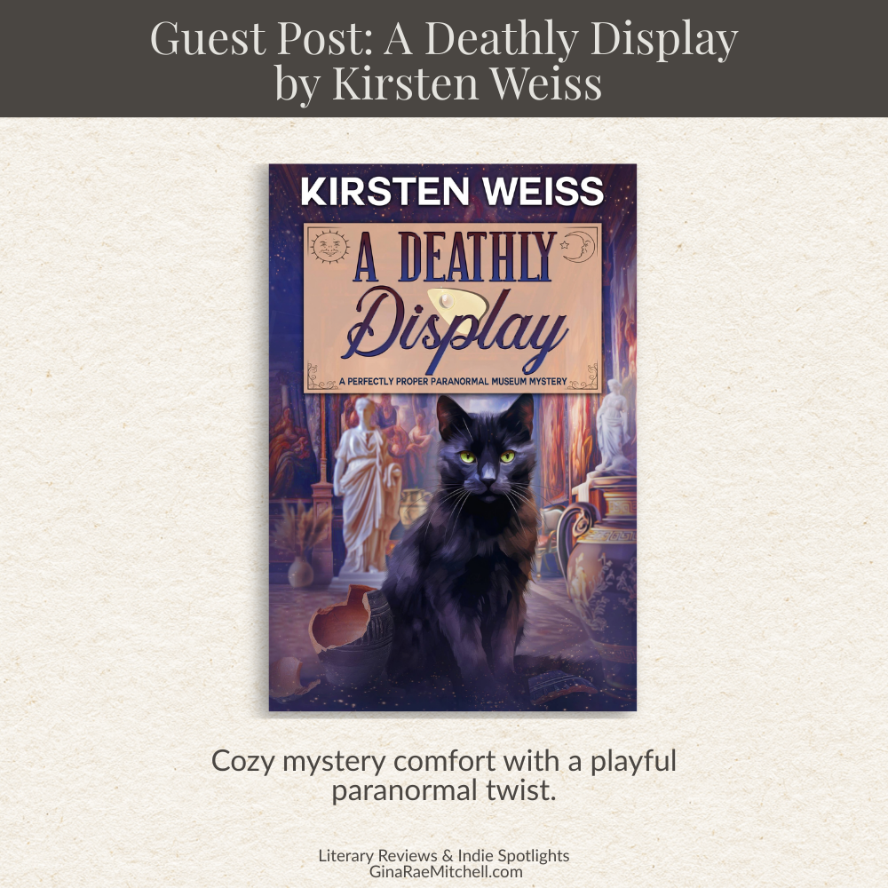 Square promotional graphic for A Deathly Display by Kirsten Weiss featuring the book cover with a black cat in a museum setting, cozy mystery tagline reading cozy mystery comfort with a playful paranormal twist, and GinaRaeMitchell.com branding on a neutral textured background.