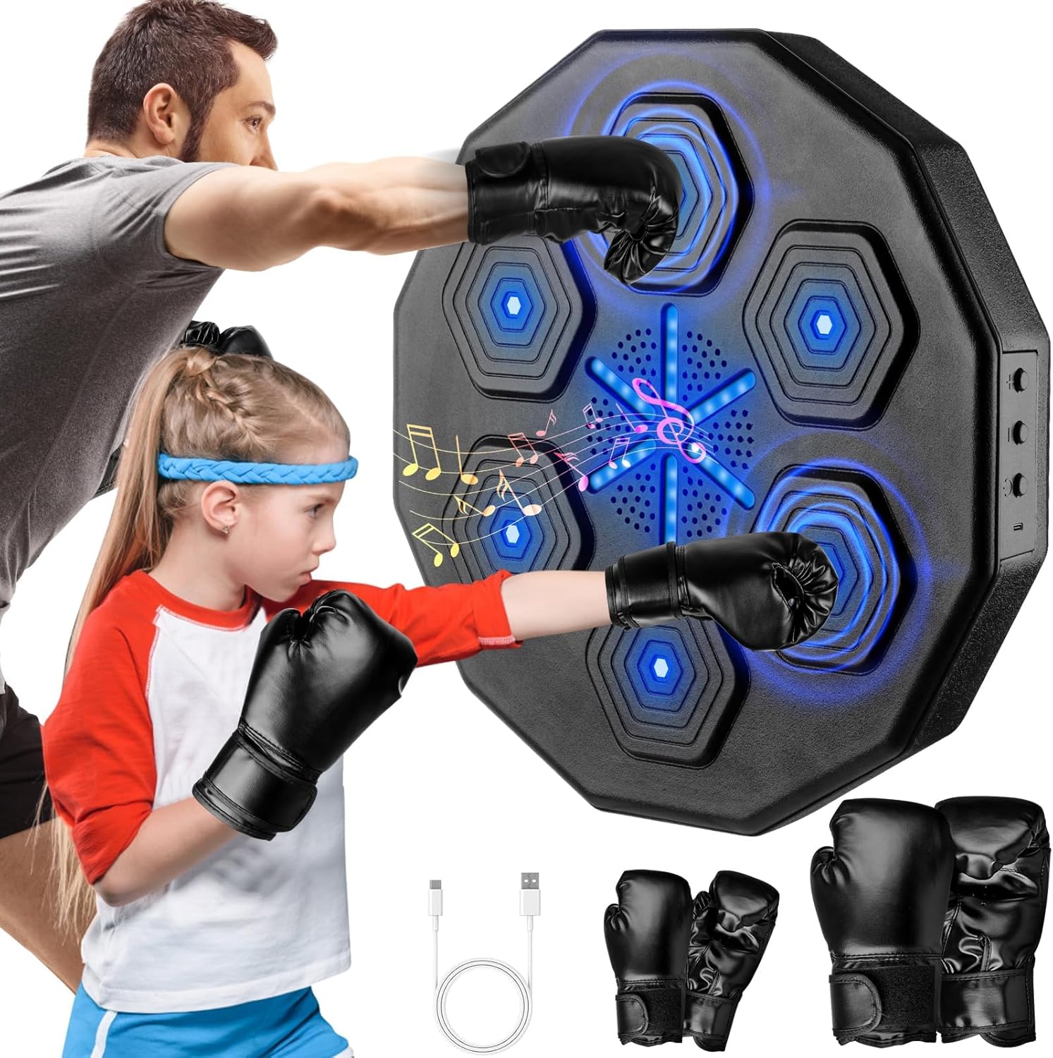 Rhythm-based boxing trainer with light-up targets and gloves designed for movement breaks and stress relief at home.