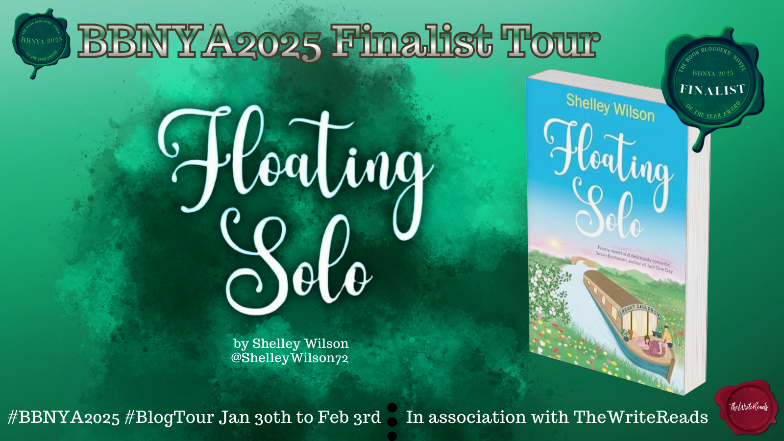 Promotional banner for the BBNYA 2025 Finalist Tour featuring Floating Solo by Shelley Wilson, showing the book cover against a teal watercolor background with BBNYA finalist badges, tour dates, and The Write Reads branding.