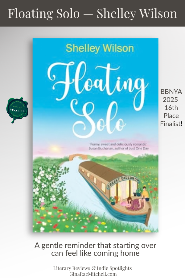 Pinterest graphic for Floating Solo by Shelley Wilson featuring the book cover, BBNYA 2025 finalist badge, and spotlight text.