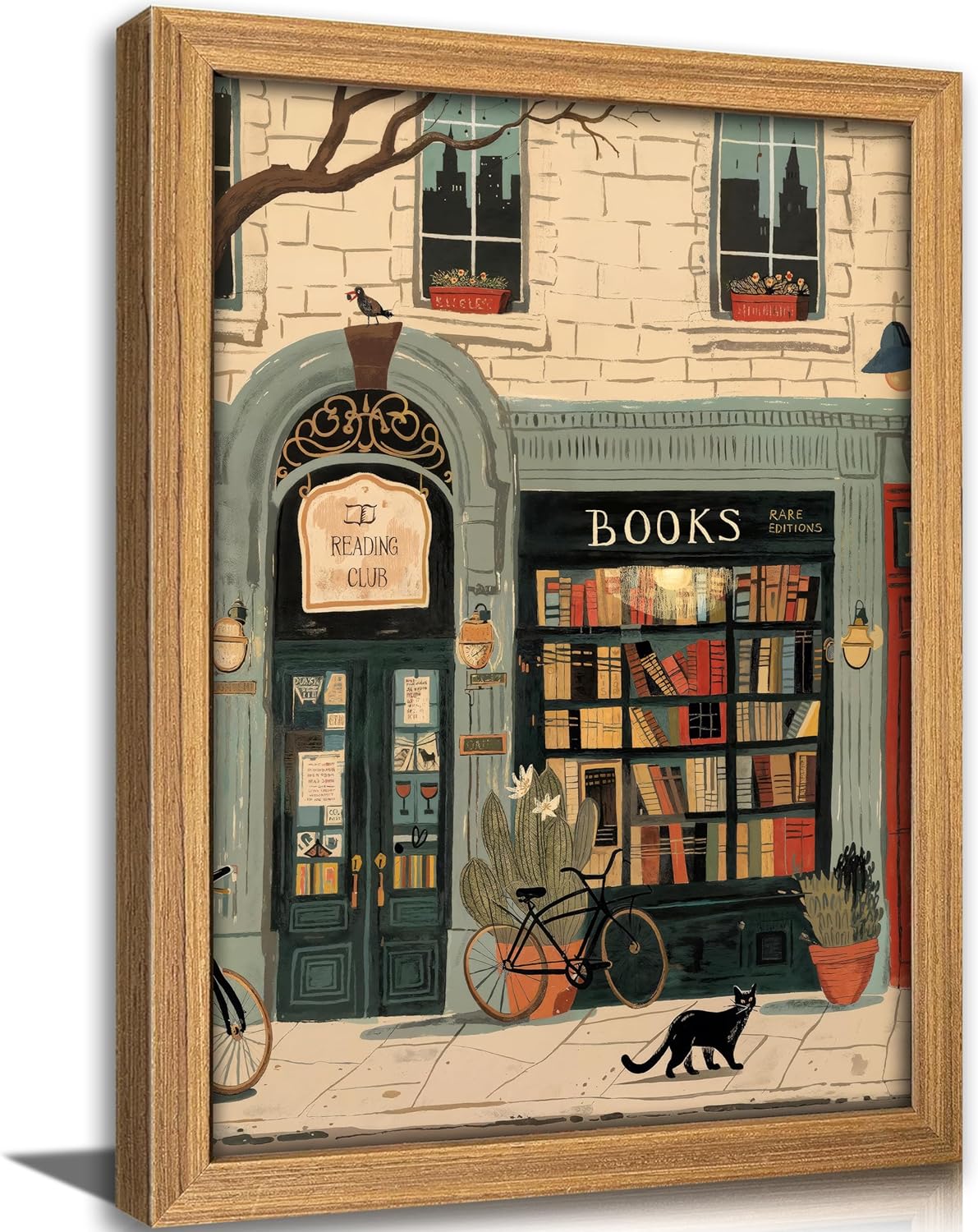 Framed vintage-style illustration of a bookshop storefront with books displayed in the window.