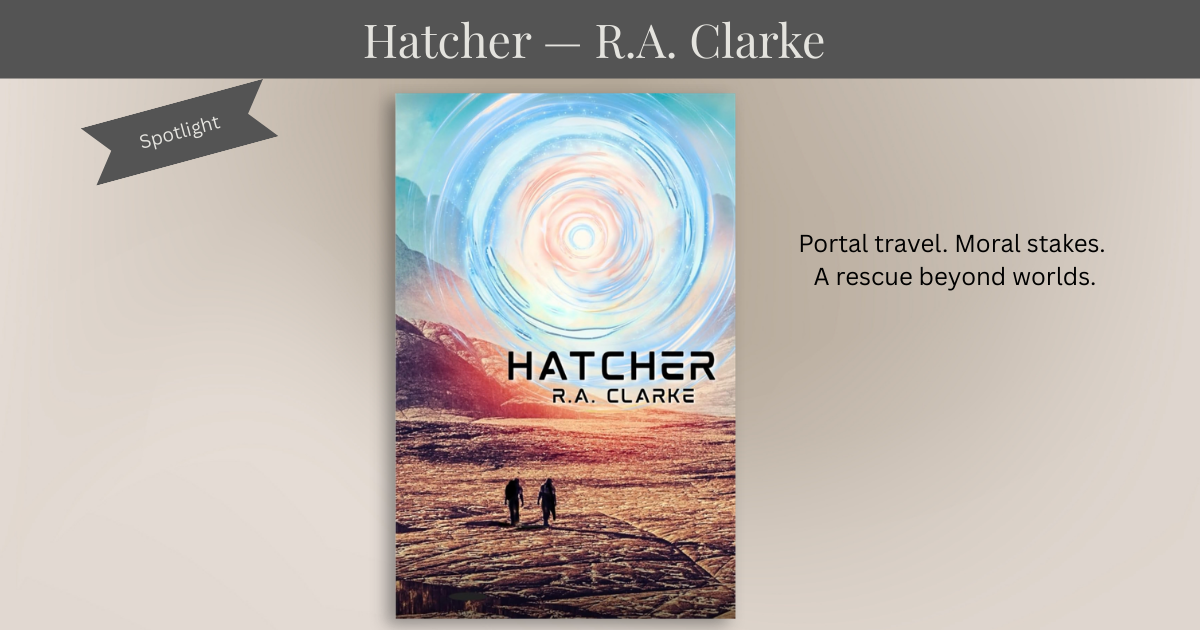 Wide blog banner for the spotlight of Hatcher by RA Clarke showing the book cover against a calm neutral background with a header title bar and tagline emphasizing portal travel and high-stakes sci-fi adventure.