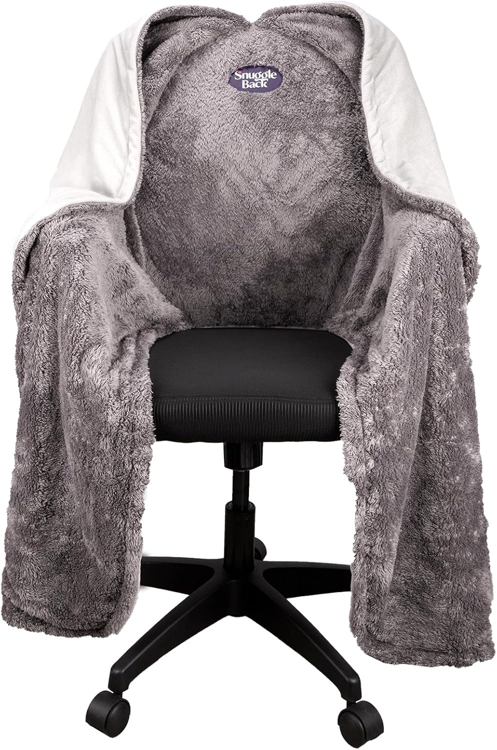 Plush gray office chair blanket draped over a rolling desk chair.