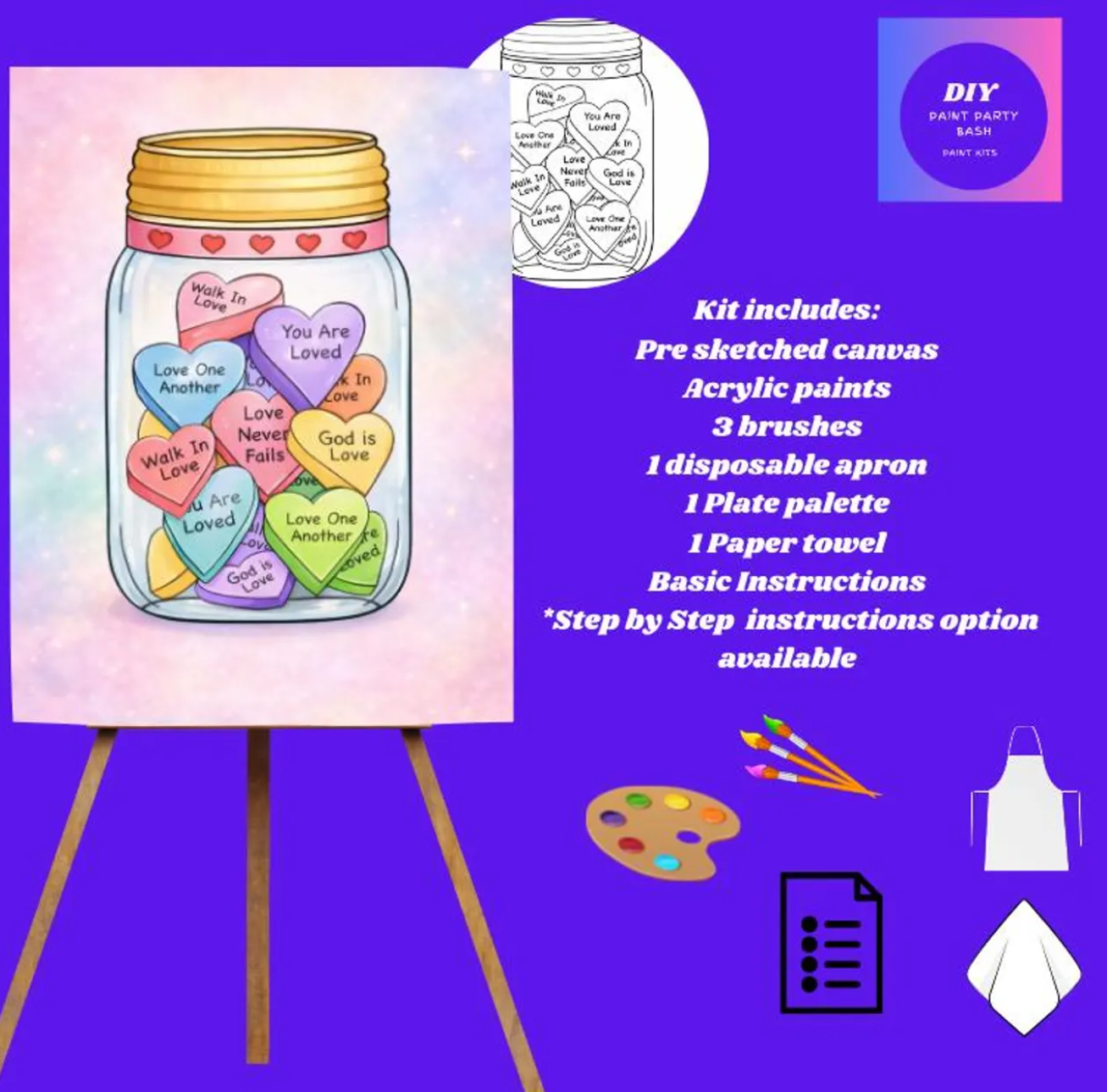 Valentine's Day paint kit with a pre-sketched canvas, paint supplies, and instructions.