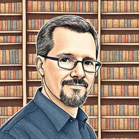 Author portrait of Will Raywood, shown wearing glasses in front of a background of bookshelves.
