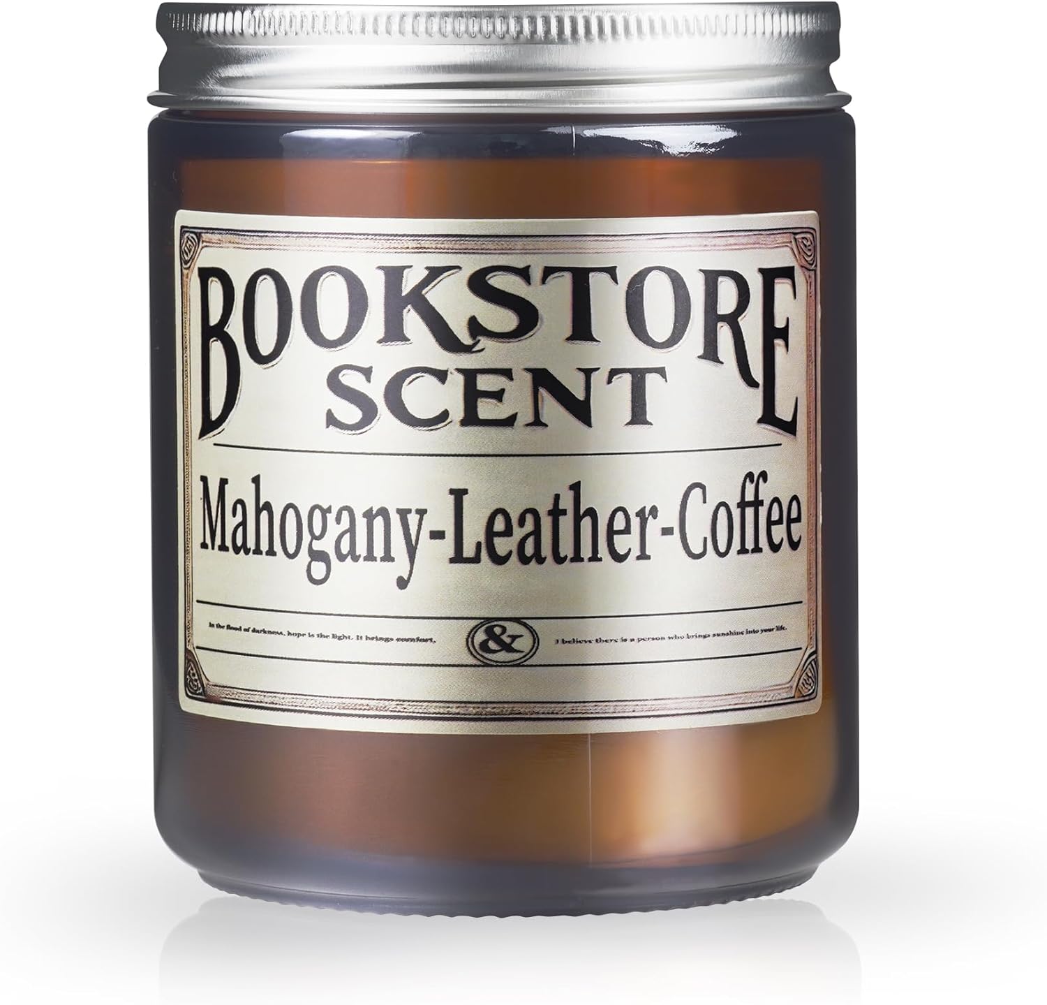 Bookstore scented candle in a combination of Mahogany, leather, & coffee