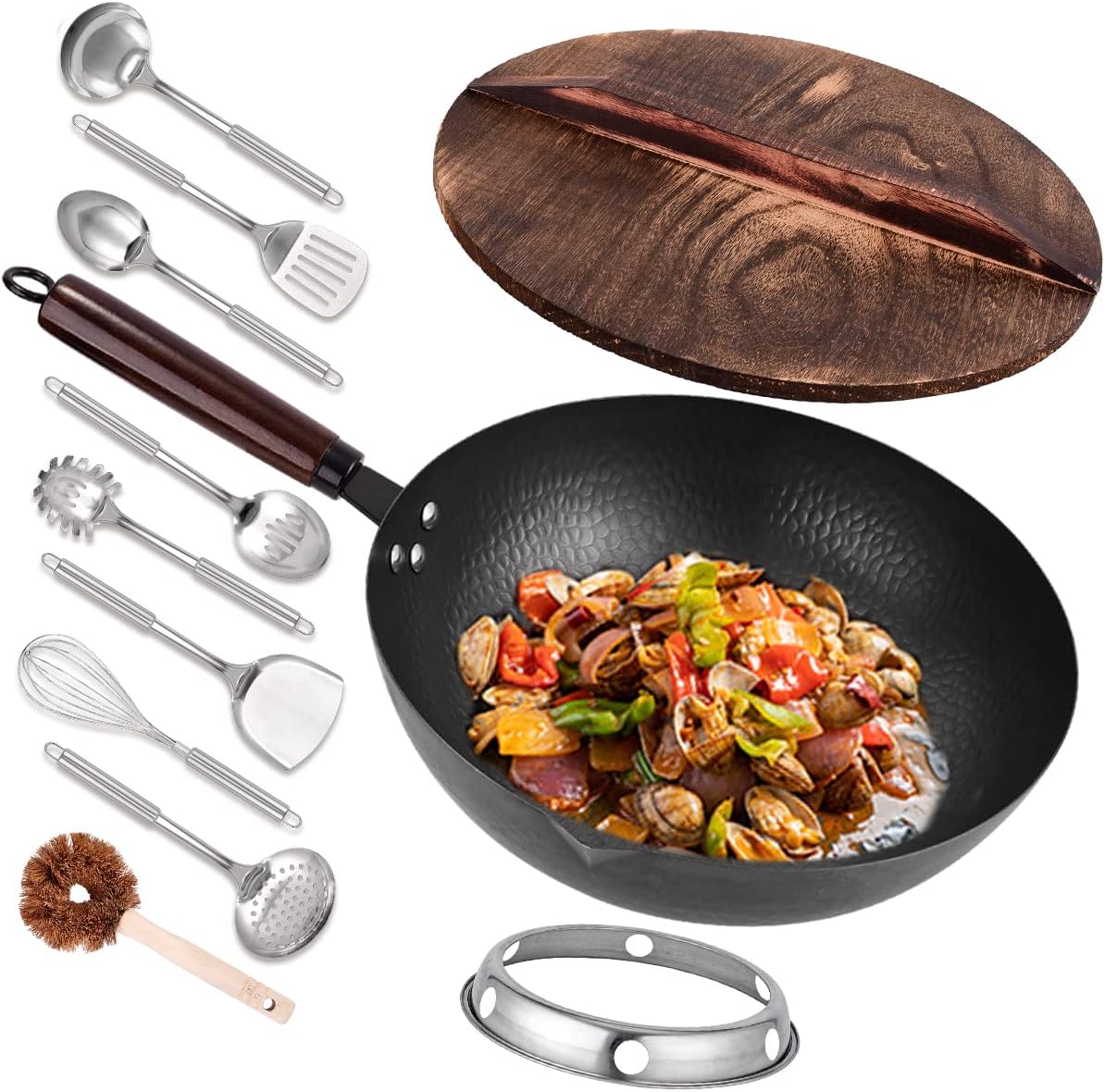 An 11-piece Wok set for electric or gas stove-tops featuring a wooden lid, stainless utensils, and a cleaning tool.