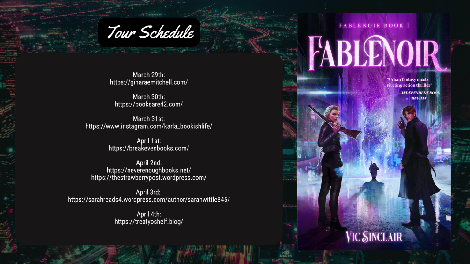 Breakeven Books tour banner for Fablenoir by Vic Sinclair showing the bookcover and tour stops from March 29 to April 4, 2026