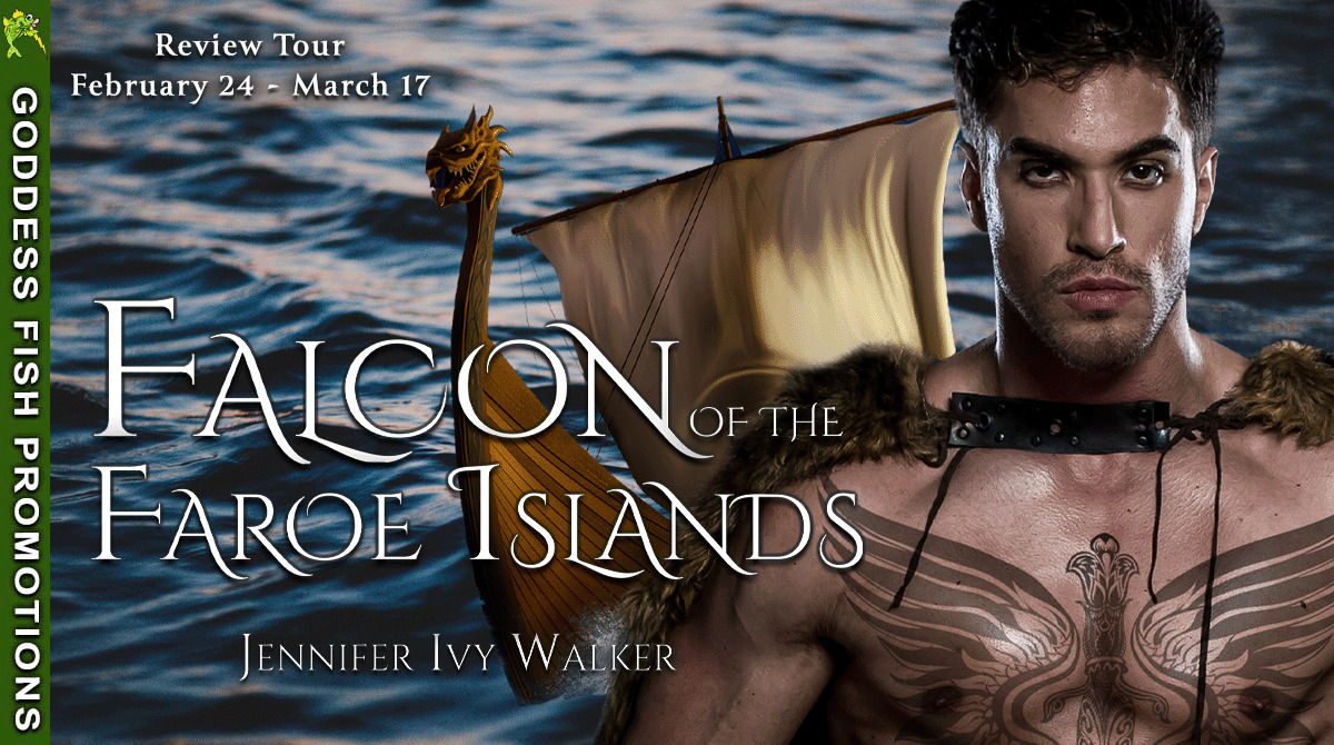 Tour banner for the Goddess Fish promotion of Falcon of the Faroe Islands by Jennifer Ivy Walker, showing tour dates and tour branding.