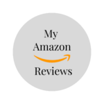 gray circle badge stating my Amazon reviews with orange smile