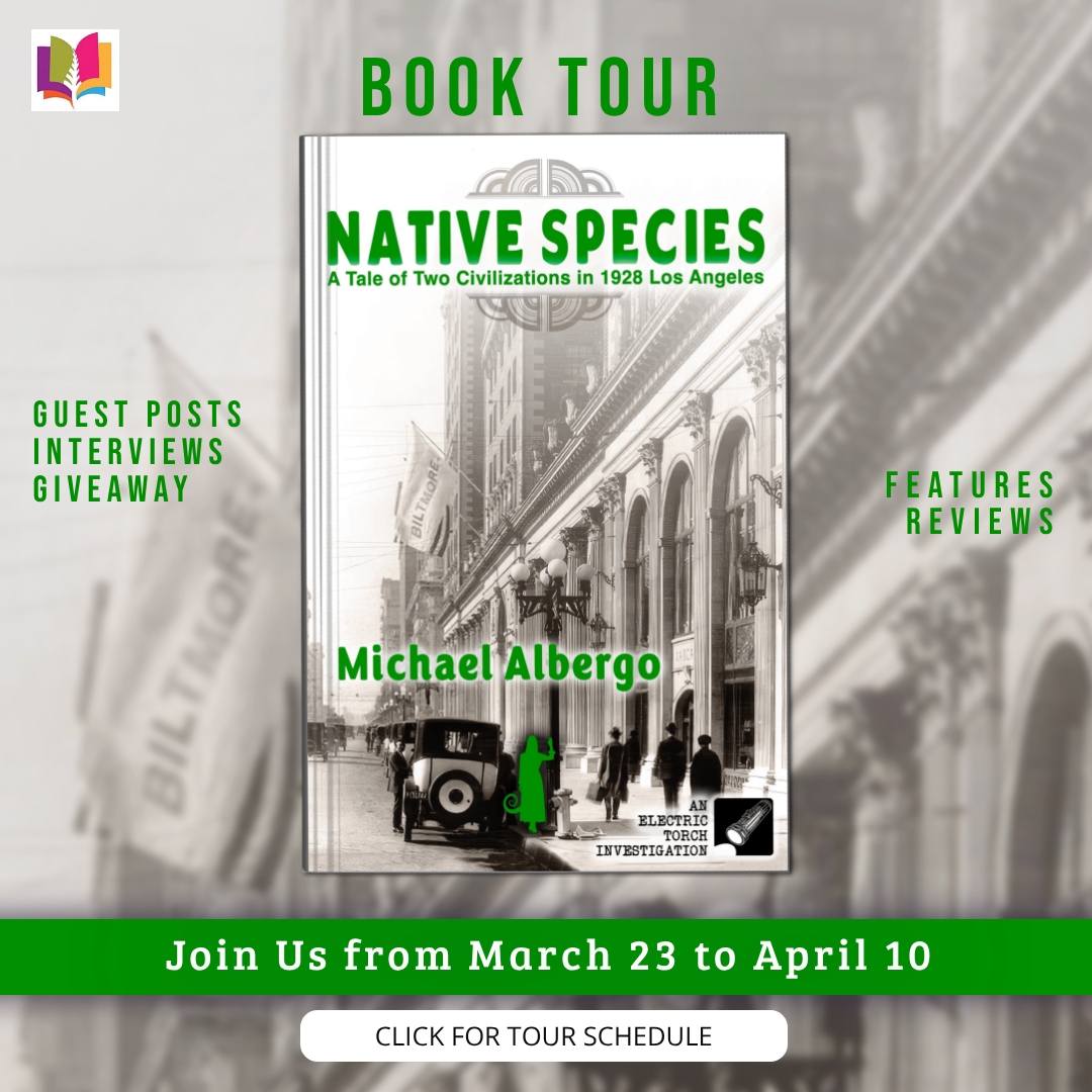 Tour banner for the iRead Book Tours promotion of Native Species by Michael Albergo, showing tour dates and tour branding.