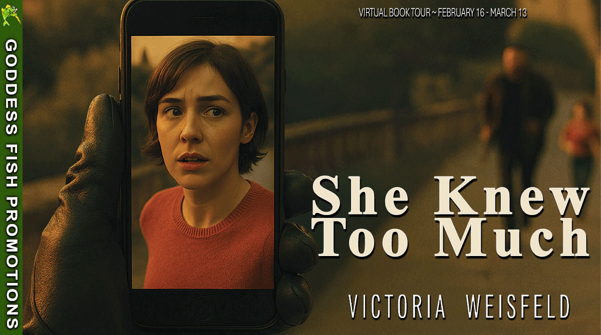 Tour banner for the Goddess Fish promotion of She Knew Too Much by Victoria Weisfeld, showing tour dates and tour branding.