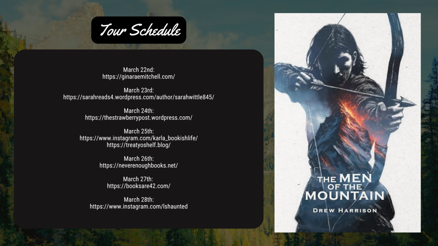 Tour schedule for The Men of the Mountain book tour listing participating blogs and dates from March 22 to March 28