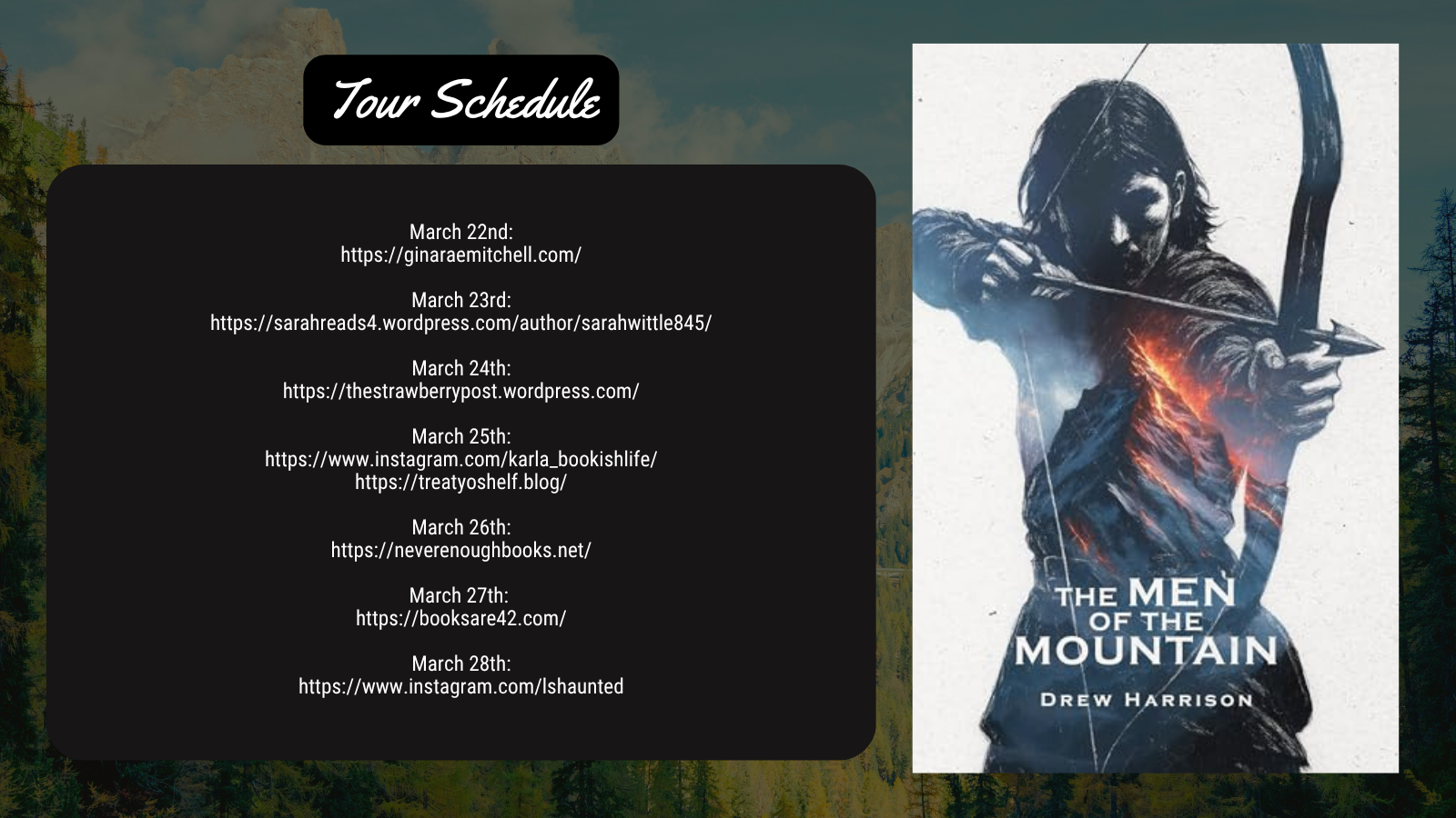 Tour schedule for The Men of the Mountain book tour listing participating blogs and dates from March 22 to March 28