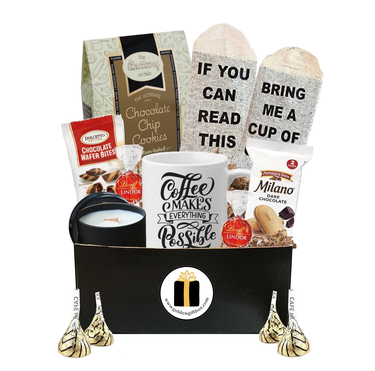 A gift box filled with chocolate treats, coffee mug, fun socks, and a candle