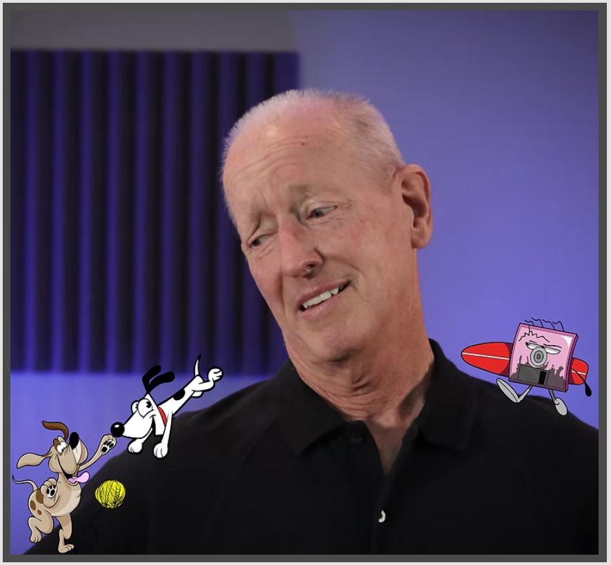 Children's book author Craig T. Feigh looking down at his shoulder while playful illustrated characters from his books appear beside him