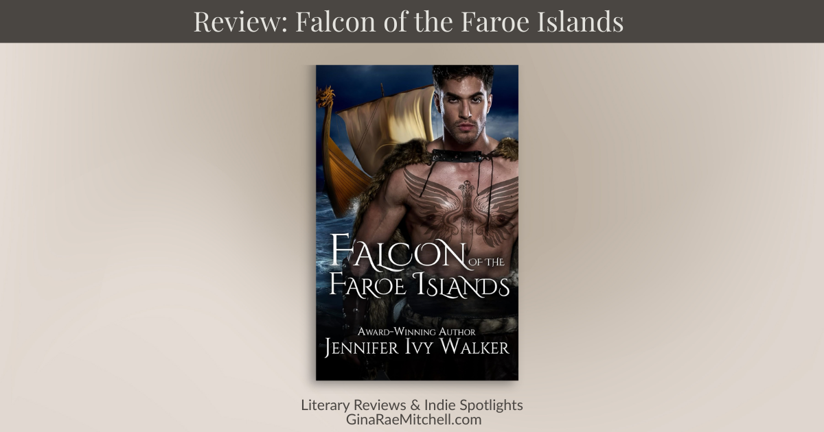 Wide blog banner for the review of Falcon of the Faroe Islands by Jennifer Ivy Walker, featuring the book cover centered on a neutral background with ginaraemitchell.com branding.