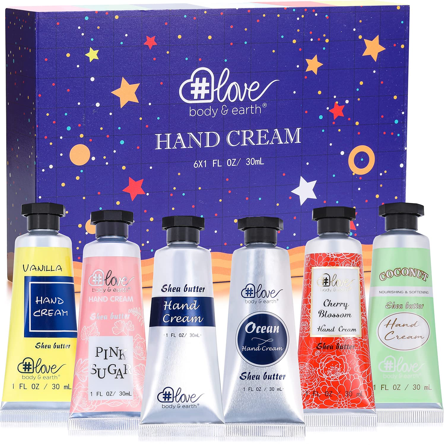 Set of six hand creams in assorted scents for a relaxing self-care moment