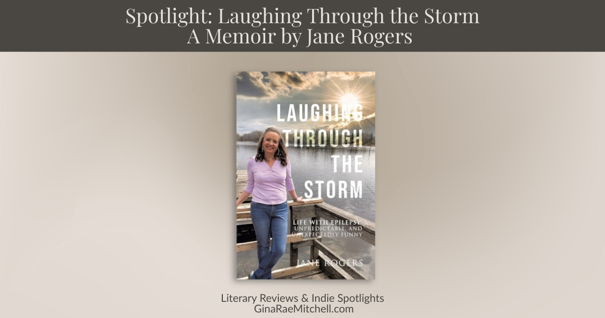 Wide blog banner for the spotlight of Laughing Through the Storm by Jane Rogers, featuring the book cover centered on a neutral background with ginaraemitchell.com branding.