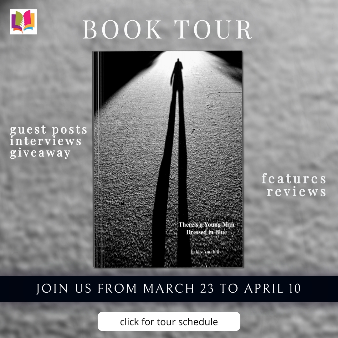 Tour banner for the iRead Book Tours promotion of There's a Young Man Dressed in Blue by Fabio Amabili, showing tour dates and tour branding.