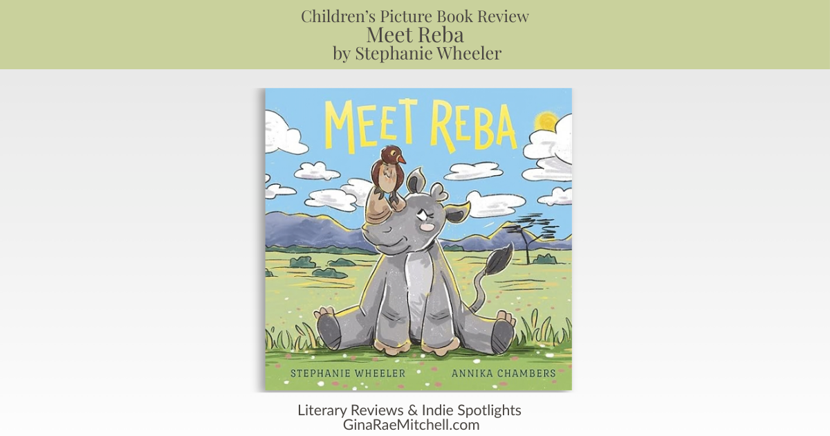 Wide blog banner for GinaRaeMitchell's review of the children's book, Meet Reba by Stephanie Wheeler, featuring the book cover and GRM imprint.