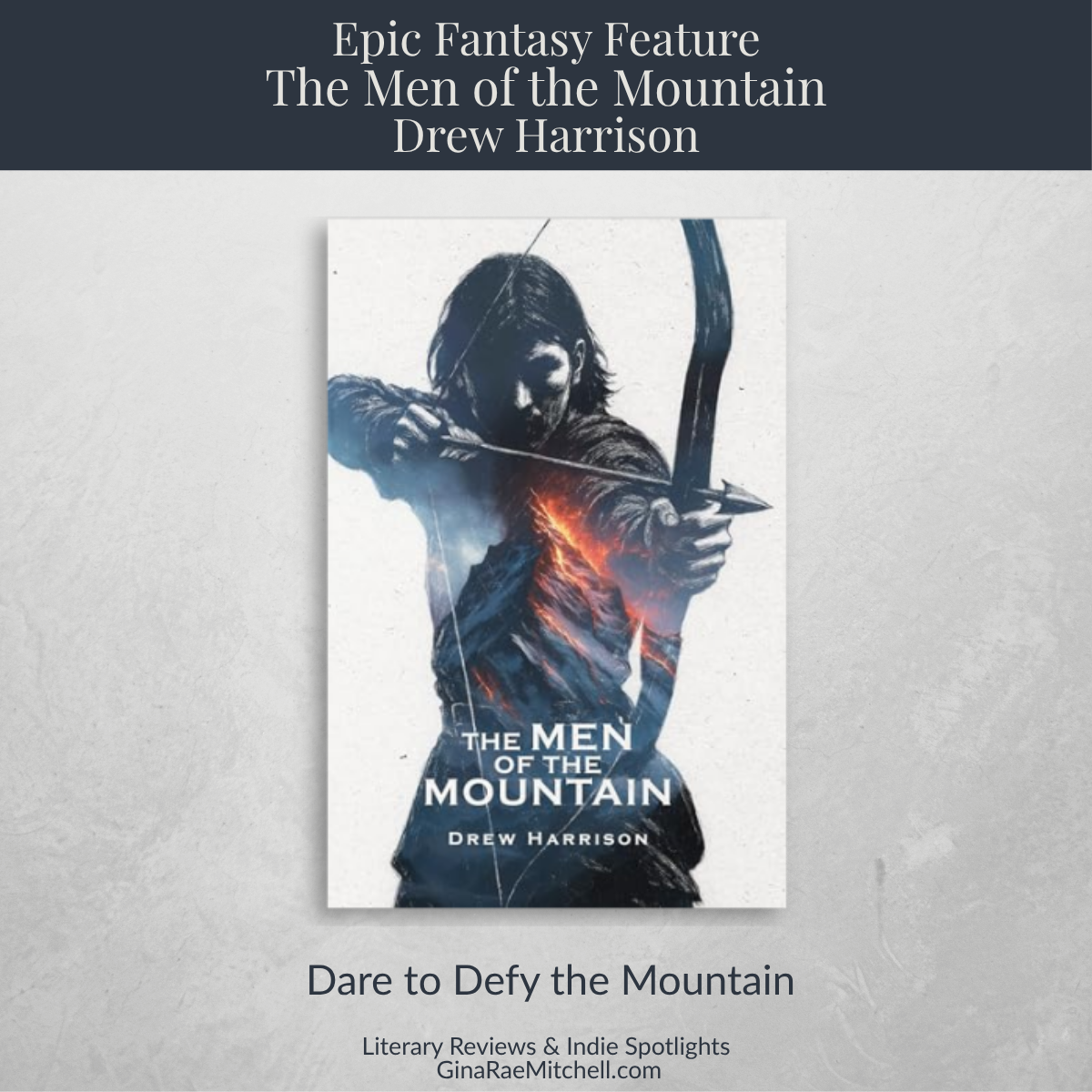 Square promo image for The Men of the Mountain by Drew Harrison featuring epic mountain scenery and dark fantasy tones for a Breakeven Books tour feature