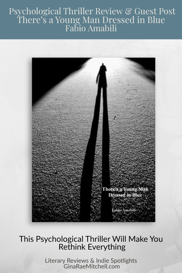 Vertical image for GinaRaeMitchell review of There's a Young Man Dressed in Blue by Fabio Amabili showing the bookcover on a light gray marble background with quotes and branding