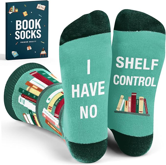 Book lover socks with the phrase I have no shelf control