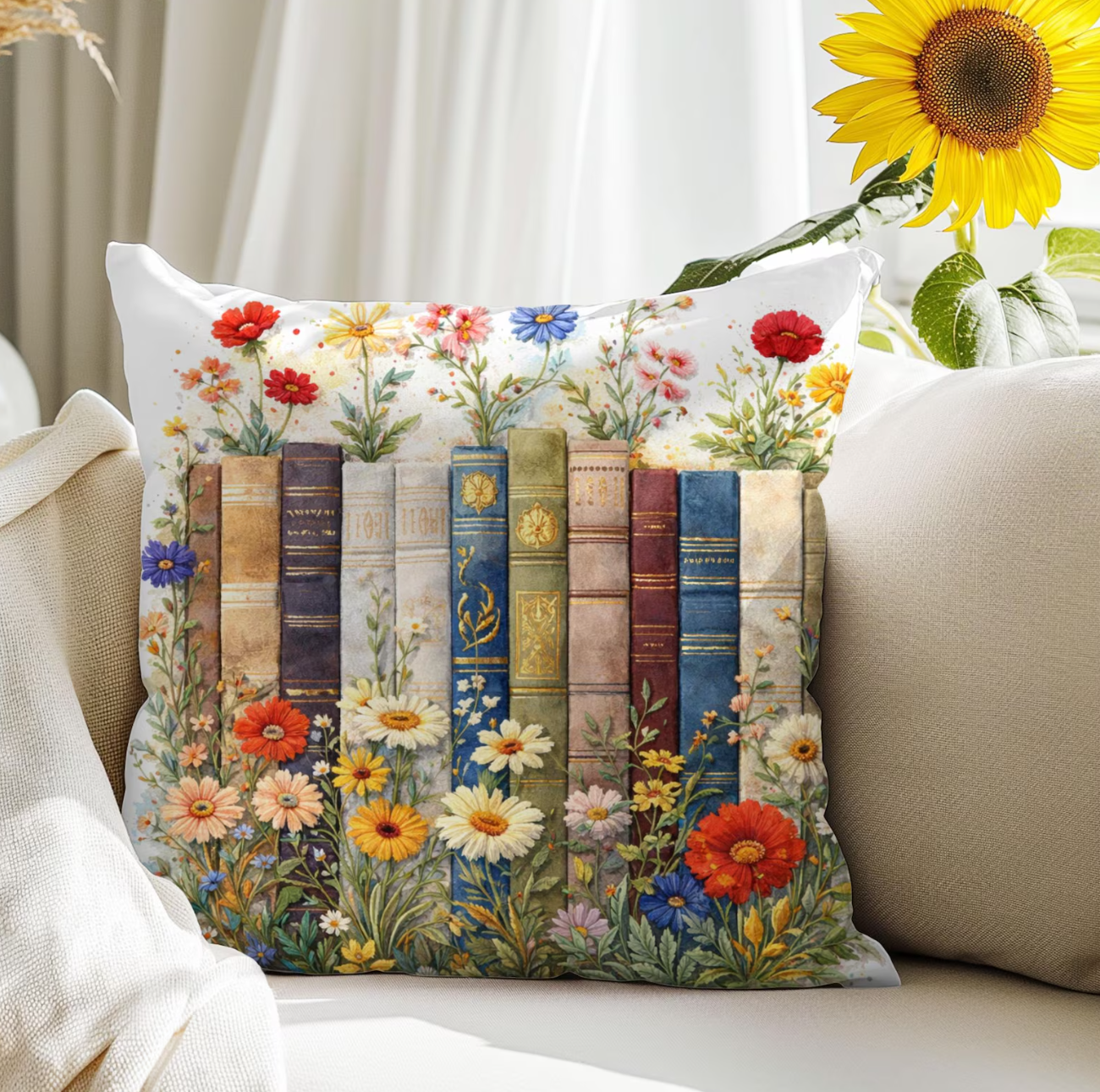 Decorative throw pillow with vintage books and colorful wildflowers, designed for a cozy reading space