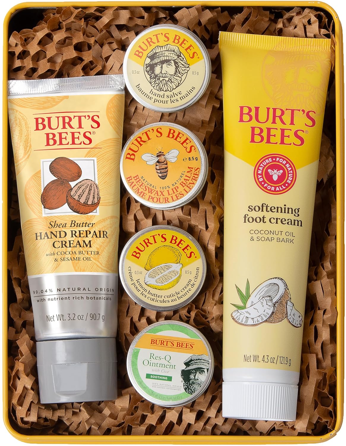 Burt's Bees skincare gift set with hand cream, lip balm, and natural products arranged in a tin for cozy self-care moments
